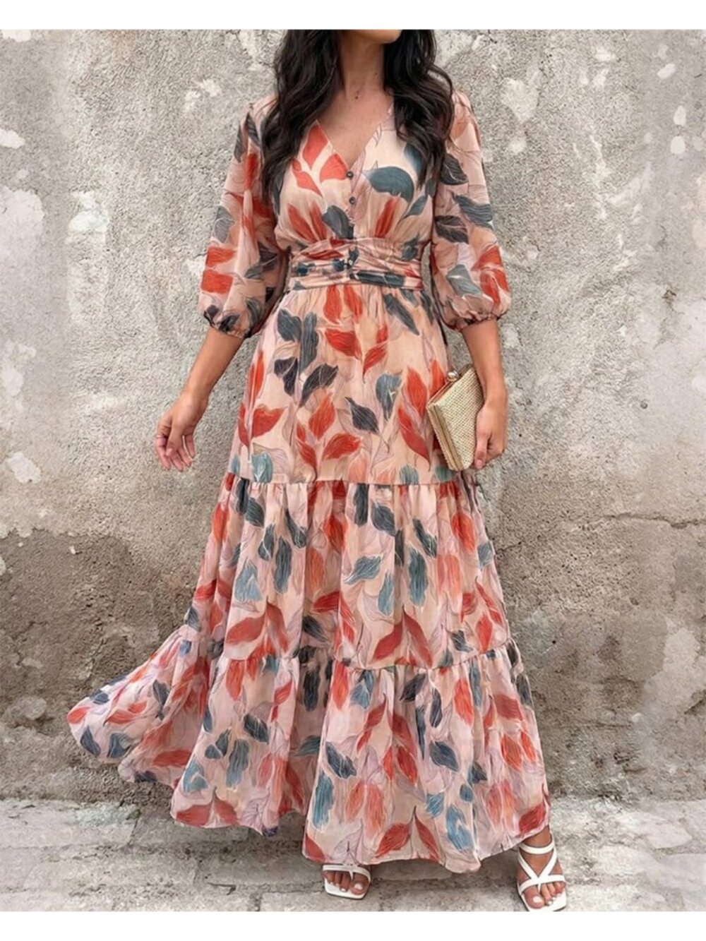 〽️Women’s Multicolor Leaf Print Boho Maxi Dress Shirred Back Tiered Ruffle - Picture 4 of 6